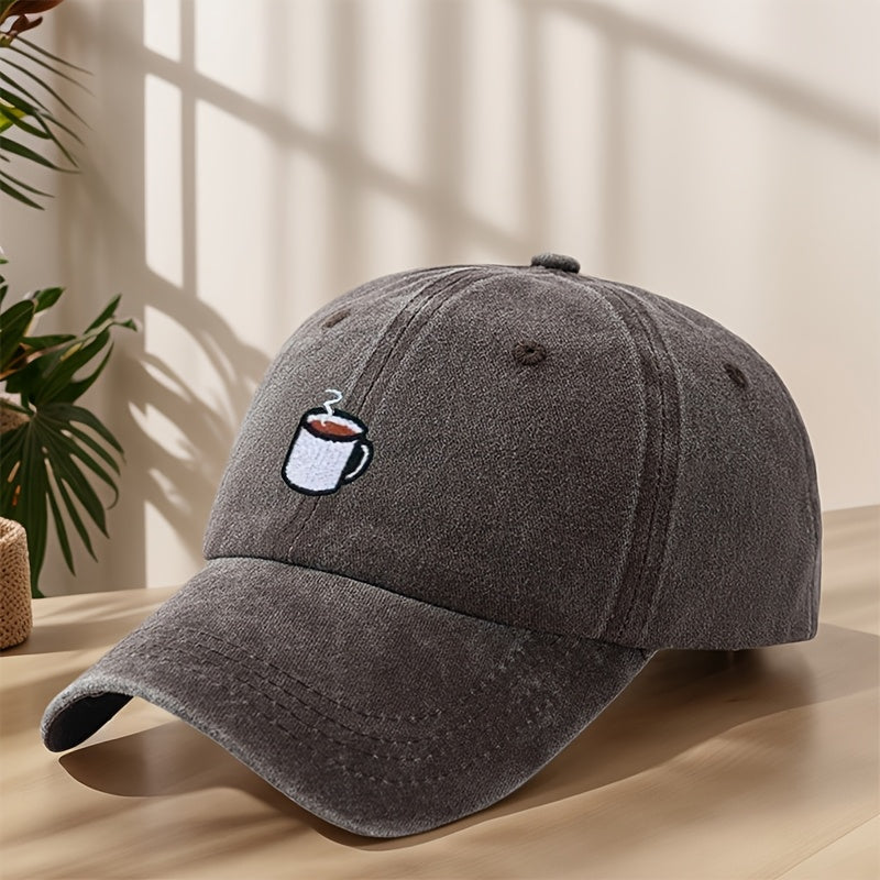 High-Quality Baseball Cap with Coffee Cup Embroidery, Lightweight, Soft, Comfortable, Sweat-Absorbing, Breathable, Classic Washed Vintage Hat for Outdoor Leisure, Sports, Shopping, Vacation, Camping, Sun Protection