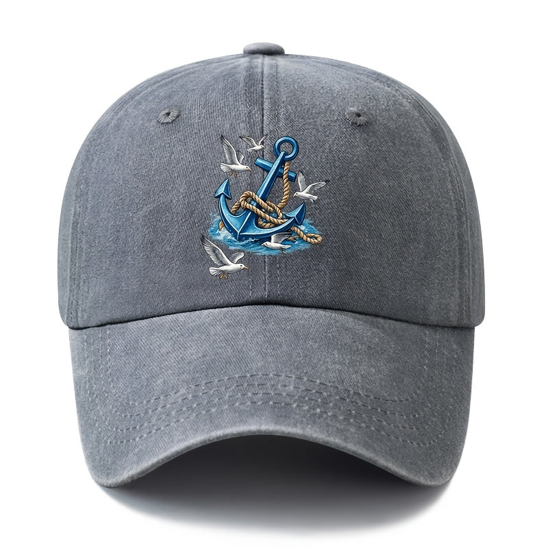 Unisex, Fashionable And Versatile Printed Nautical Anchor Baseball Cap, Classic Retro Washed Outdoor Lightweight Curved Brim Cap, Trucker Baseball Cap, Suitable for Outdoor Vacations, Travel, Camping, And Other Casual Occasions, Hip-Hop Style Cap