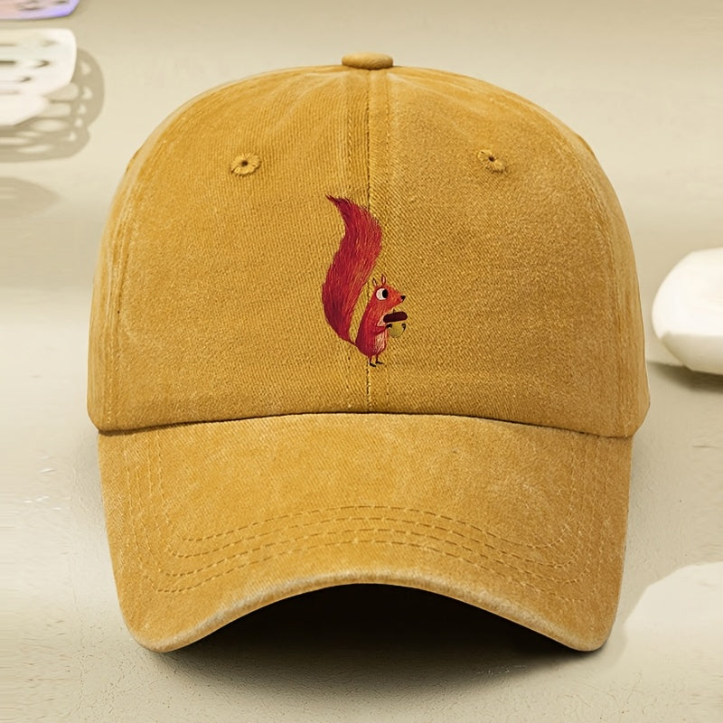 Little Squirrel Cartoon Print Women'S Baseball Cap, Spring/Summer Versatile Vintage Soft Top Duckbill Cap, Dad Hat, Distressed Washed Cap, Outdoor Personalized Soft Top Hat, Unisex Hat, Distressed Washed Hat, Men'S Hat, Women'S Hat
