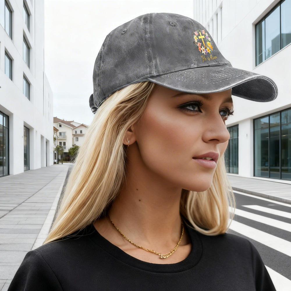 Unisex Baseball Cap, "He Is Risen" Christian Baseball Cap, Adorned with Wildflowers And Scripture - Adjustable, Breathable, Vintage Religious Cap, Suitable for Church, Easter Gift, Everyday Wear, Machine Washable, All-Season Casual Hat
