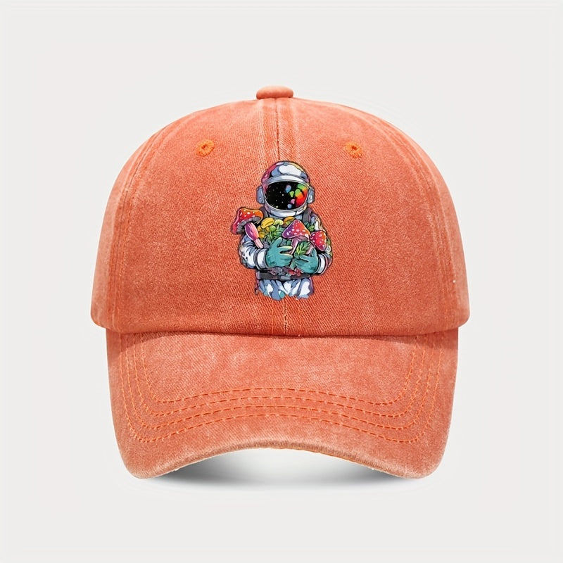 Vintage-style Astronaut Holding Various Mushroom Prints, Washed Baseball Cap, Fun Adjustable Hat