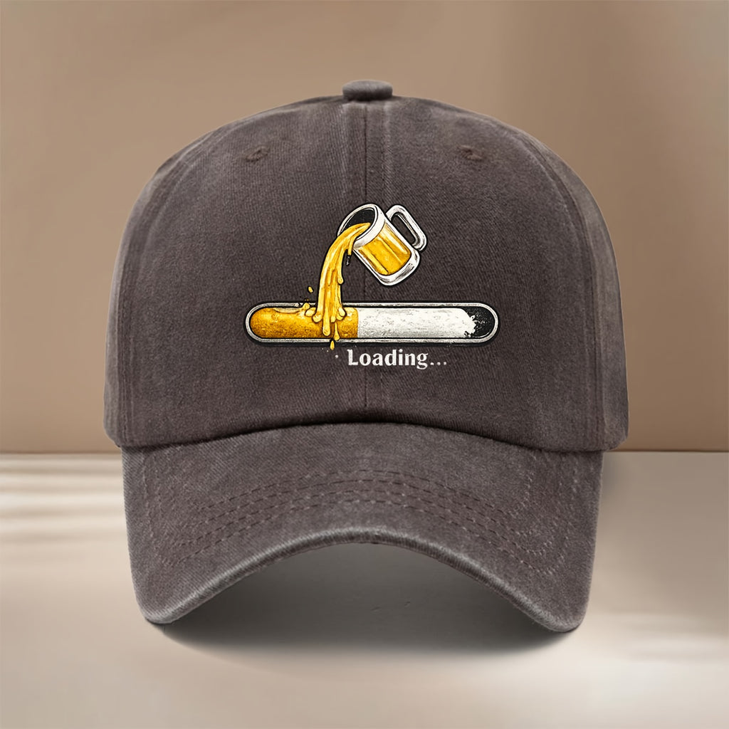 Beer Loading Graphic Baseball Cap, Highly Versatile for Styling, Curved Brim Hat, Unisex, Vintage Distressed Look, for Carnival Parties, Gatherings, Camping, Hip-Hop Hat, Lightweight and Comfortable Duckbill Cap,  Adjustable Size, Six-Panel Hat