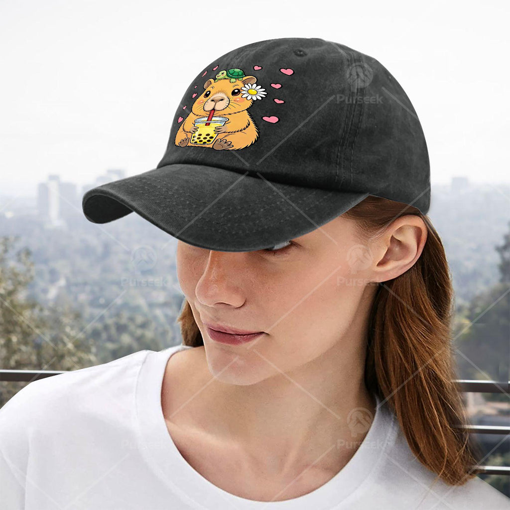 Cute Capybara Turtle Boba Tea Kawaii Anime Y2K Capibara Baseball Hat Unisex Low
