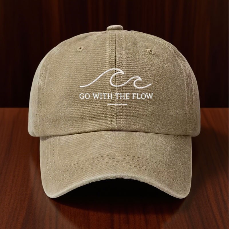 Vintage Washed Distressed Baseball Cap, with "GO WITH THE FLOW" Print, Unisex Dad Hat, Retro Casual Street Style Sun Hat, Suitable for Men, Women, And Teenagers, an Ideal Daily/Outdoor Gift