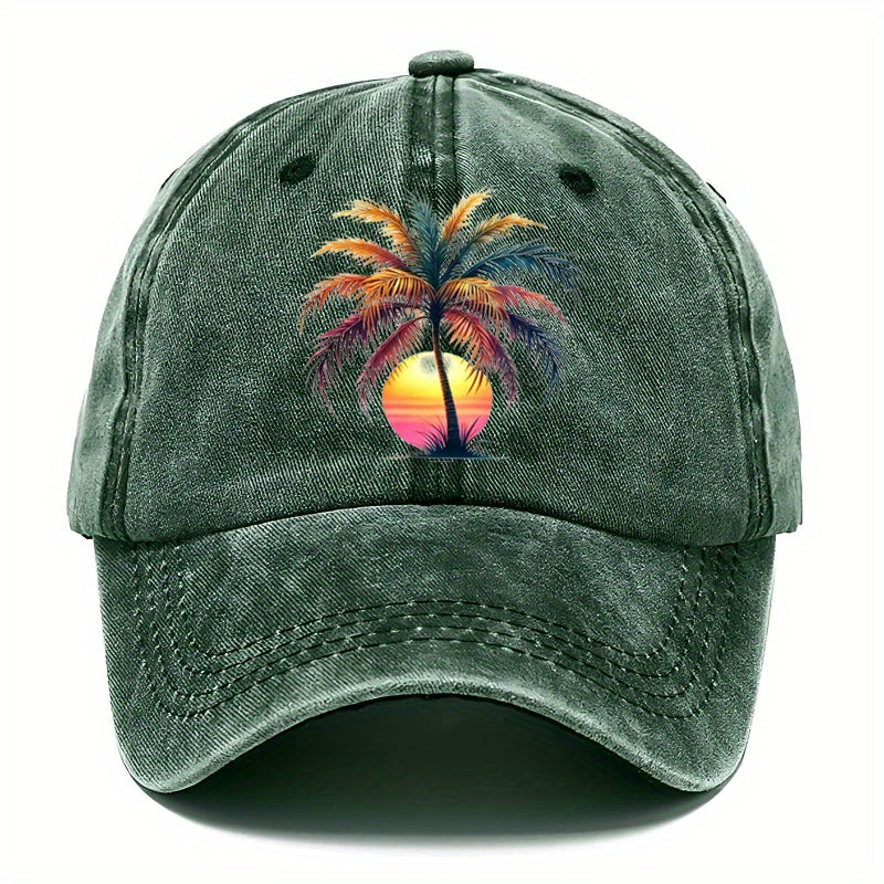 Men'S Cap Featuring a Sunset Palm Tree Design, Perfect for Casual Wear And Outdoor Activities at The Beach. This Stylish Baseball Hat Is Adjustable And Comes in Various Styles