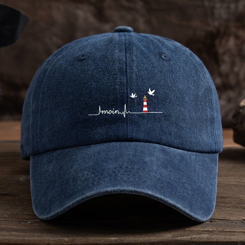 Stylish Sea Eagle Lighthouse Print Baseball Cap - All-Weather Polyester Suitable for Outdoor, Fishing,, Machine Washable, Unisex Hat with Lighthouse