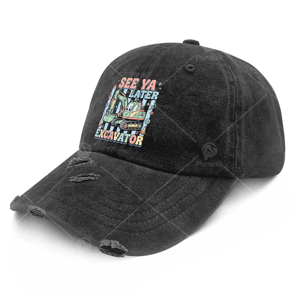 Seess Yassss Laters Excavator Truck Driver Cap - Vintage Washed Baseball Hat with Excavator Print, Machine Washable Unisex for Men & Women, Suitable for, Outdoor Activities, Retro Style