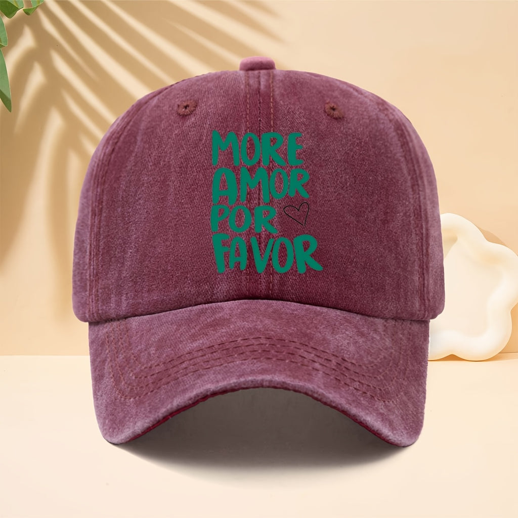 A Washed Baseball Cap with The Slogan MORE AMOR POR FAVOR, a Trucker Hat for Men And Women, a Casual Hat Suitable for All Seasons, a Six-Panel Hat with a Soft Top Design, Lightweight And Suitable for Daily Commutes, Street Style, Music Festivals