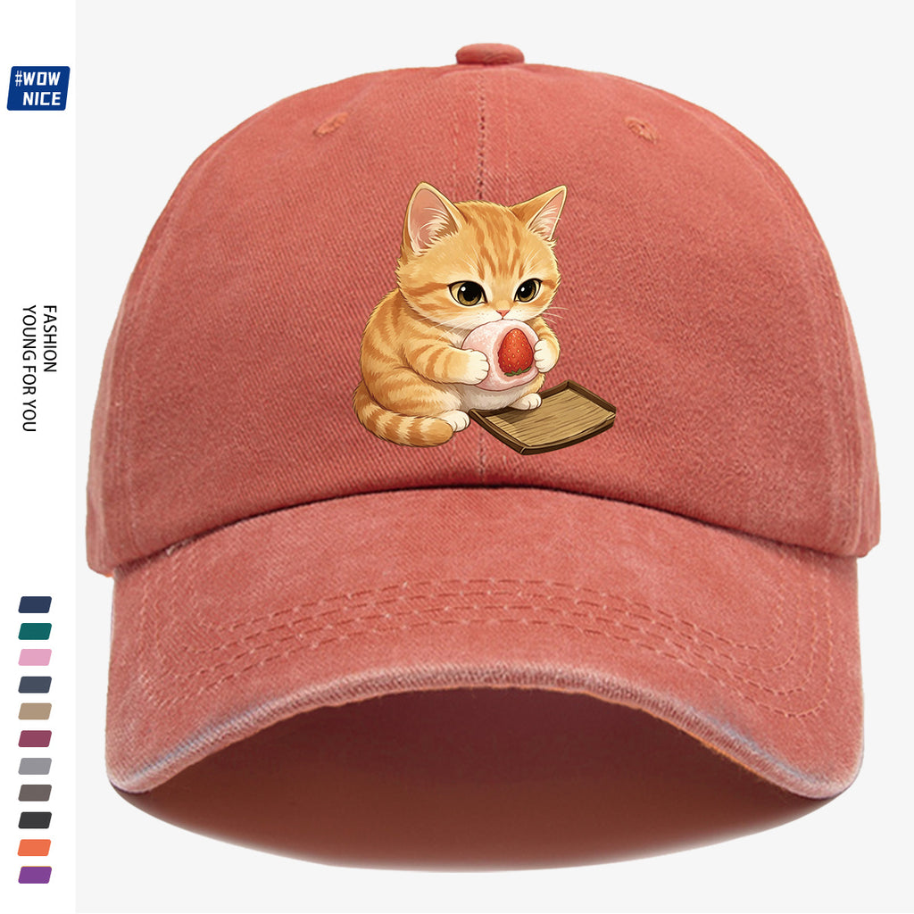 1pc Orange Striped Kitten Holding Strawberry Big Stamp Pattern Baseball Cap, Cute And Playful Fashion Casual Unisex Adjustable Size, Daily Outing, Coffee Shop Gathering, Park Stroll, Shopping Fun, Best Friend Date, Weekend Picnic, Relaxed Commute