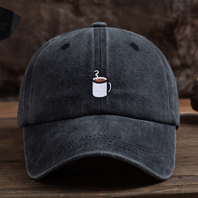 A Straightforward Men'S Baseball Cap Designed for Coffee Enthusiasts, Featuring a Cup Motif. The Fabric Is Machine Washable, Making It Ideal for Everyday Wear