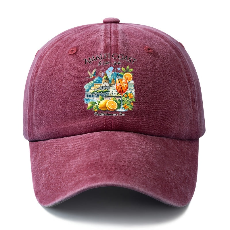 A Unisex Fashionable and Versatile Printed Baseball Cap Featuring the Italian Amalfi Coast. This Classic Vintage-washed Outdoor Lightweight Curved-brim Hat Is Also Known as a Trucker Cap. Suitable for Casual Occasions Such as Outdoor Vacations