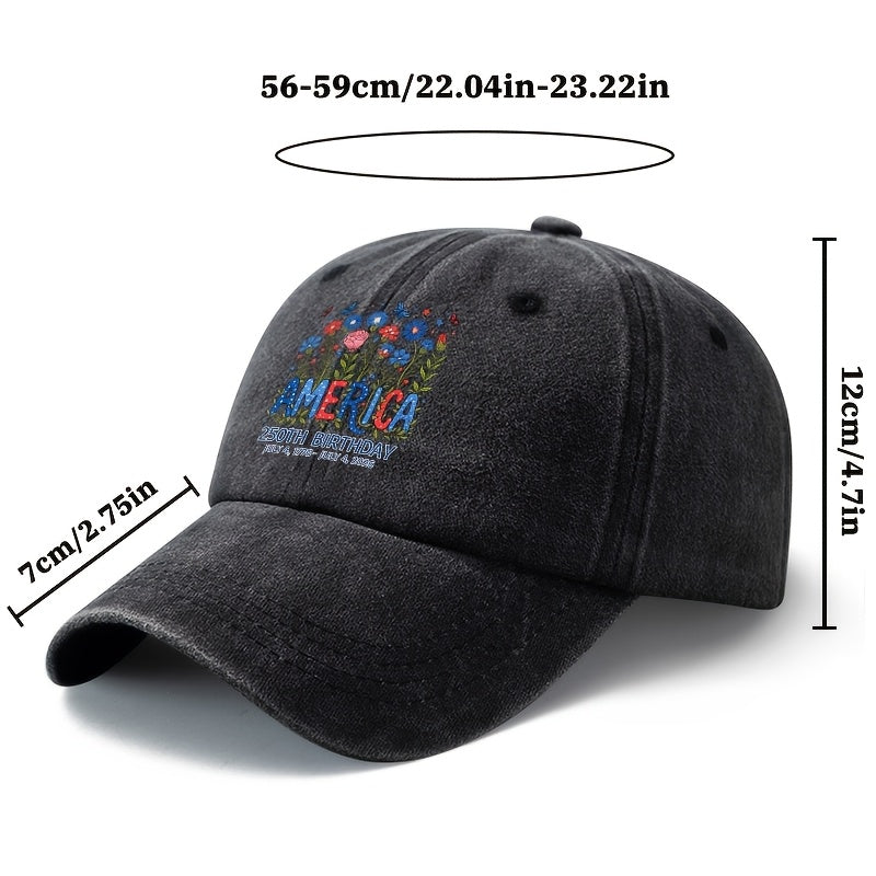 Special Baseball Cap for The 250Th Anniversary Celebration of The Founding of The United States, Unisex Printed Star And Stripe Floral Baseball Cap, Classic Retro Washed Lightweight Outdoor Curved Brim Cap, Trucker Baseball Cap, Suitable for Outdoor