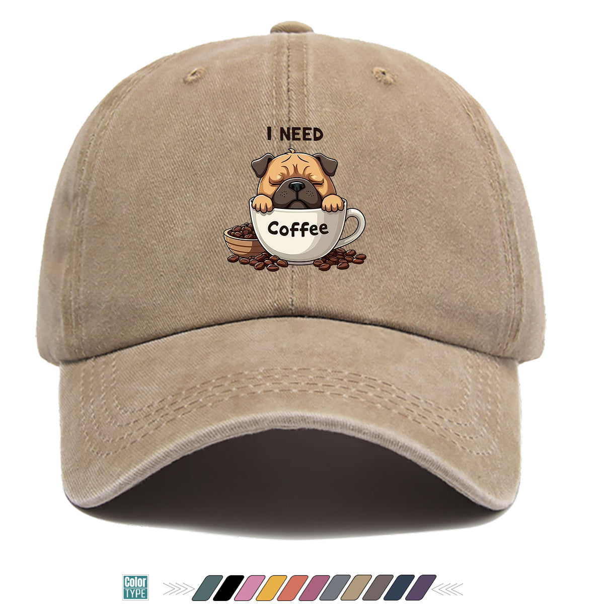 1pc 1pcs Pug "I Need Coffee" Trucker Hat - Adjustable Unisex Baseball Cap with Pug Dog Print & Coffee Cup, Breathable Sun Hat Suitable for Coffee Lovers, Outdoor, Hiking, Gifts for Men & Women, for Working People, Birthday Present