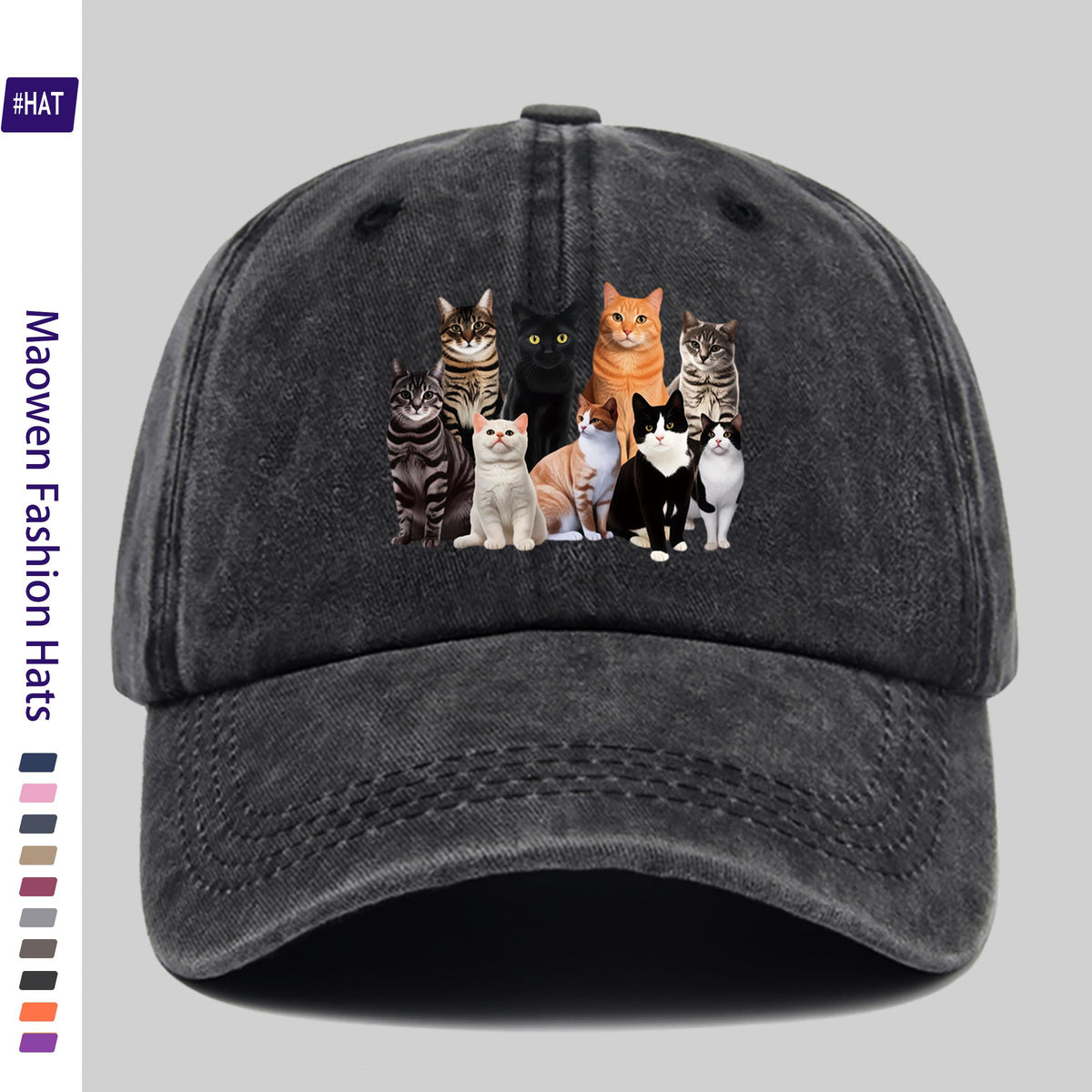 1 Vintage-style Adjustable Sports Cap, Featuring Various Cat Pattern Prints, a Washed-out Look, Suitable for Outdoor Leisure, a Fashionable Printed Breathable Baseball Cap, a Must-have Fashion Item, Ideal for Outdoor Sports and Travel Camping