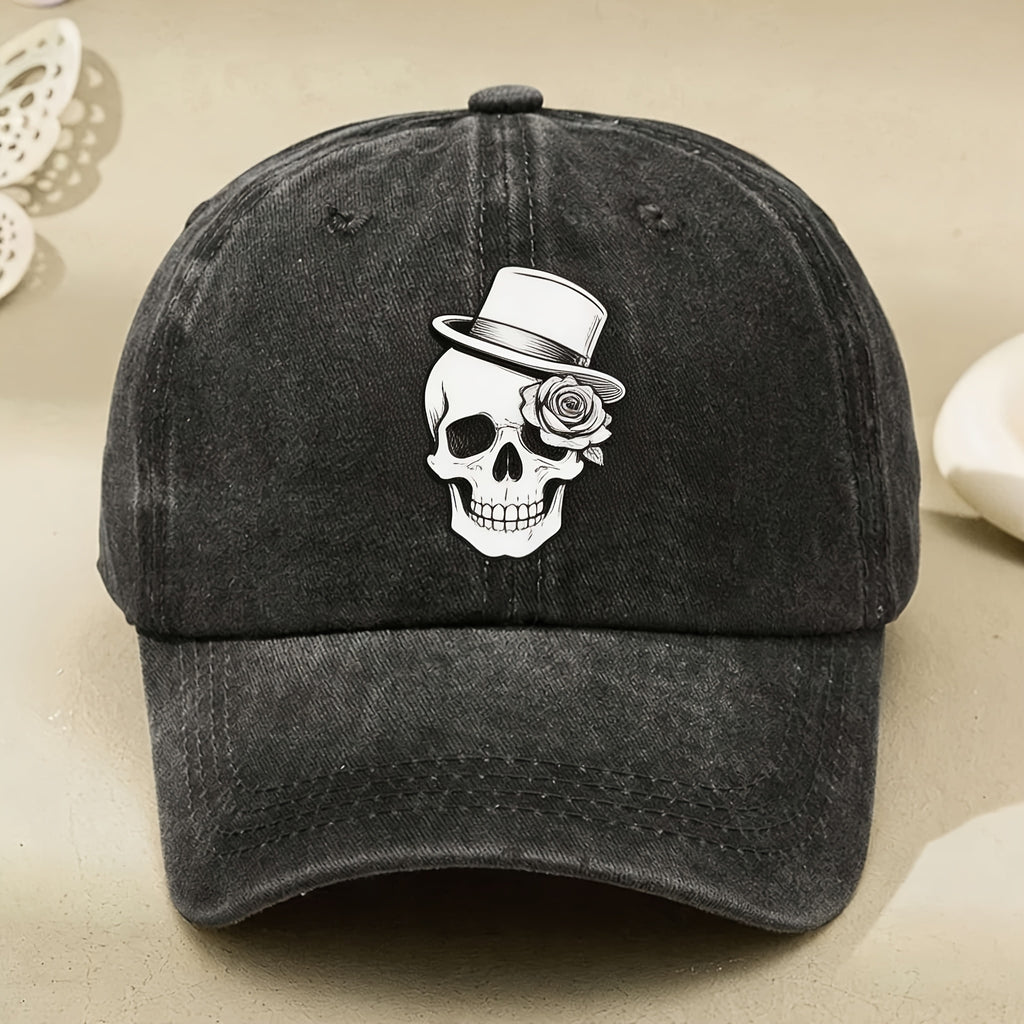 Vintage Gothic Skull & Rose Baseball Cap - Unisex Adjustable Hat with Full Print, Machine Washable, Suitable for Streetwear, Themed Parties, Casual Wear & Anniversary Gifts for And
