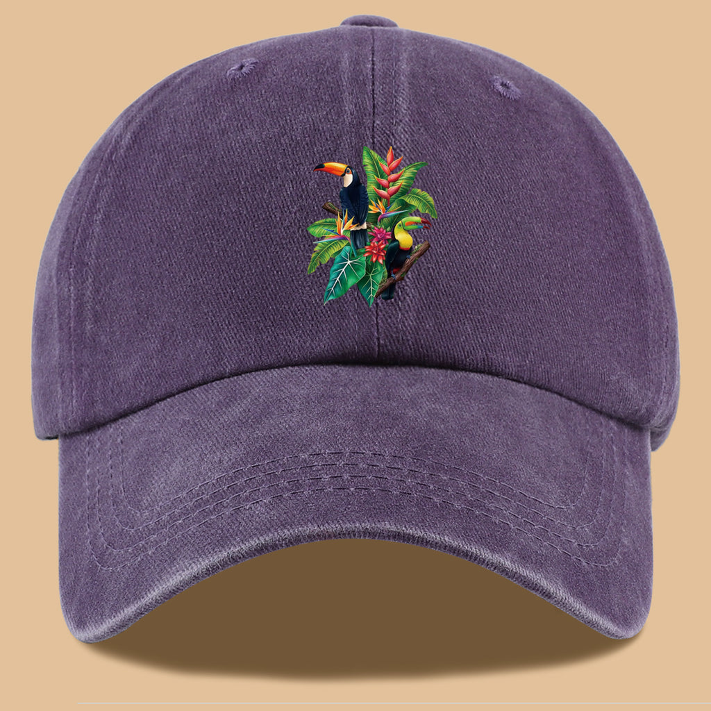 1pc Tropical Rainforest Theme Toucan Print Baseball Cap, Tropical Plant Floral Pattern Sun Hat, Fashionable And Individual Aesthetic Unisex Baseball Cap, Adjustable Size Outdoor Casual Sun Hat, Suitable for Vacation, Travel, Camping, Picnic