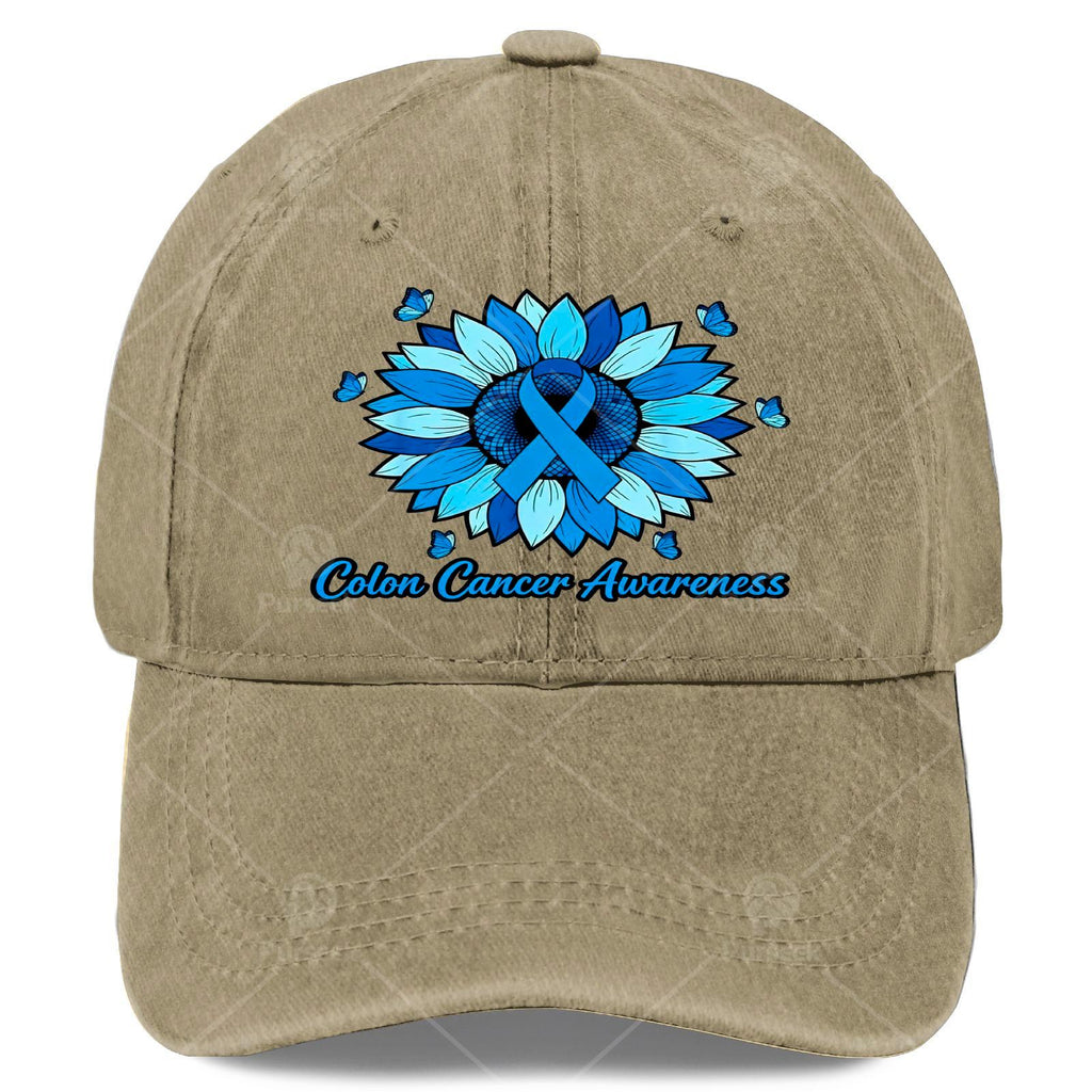 Cool Unisex Baseball Cap with a Blue Ribbon and Sunflower, Used for Colon Cancer Month Promotion