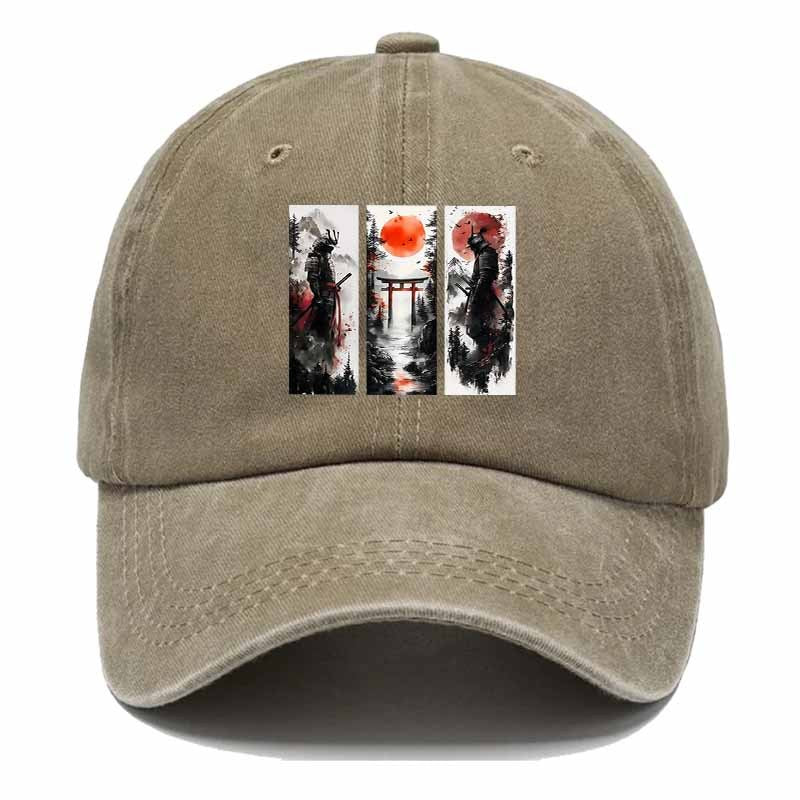 A Vintage-Style Baseball Cap Featuring an Ink Wash Samurai Design, Perfect for Outdoor Adventures And an Ideal Gift for Dad