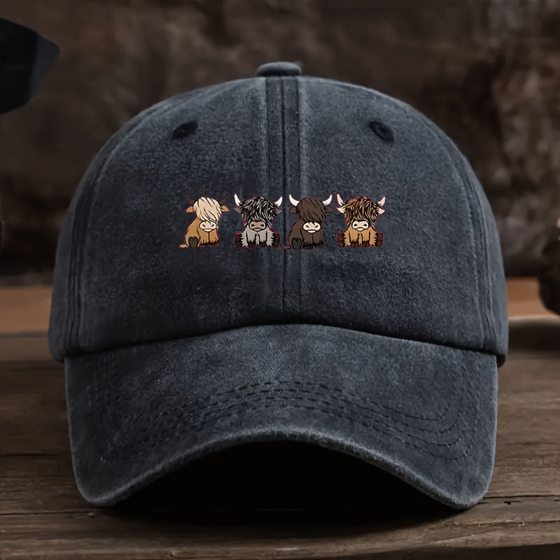 Olive Green Adjustable Snapback Baseball Cap Featuring a Vintage Highland Cow - Perfect for Casual Outdoor Sports for Men