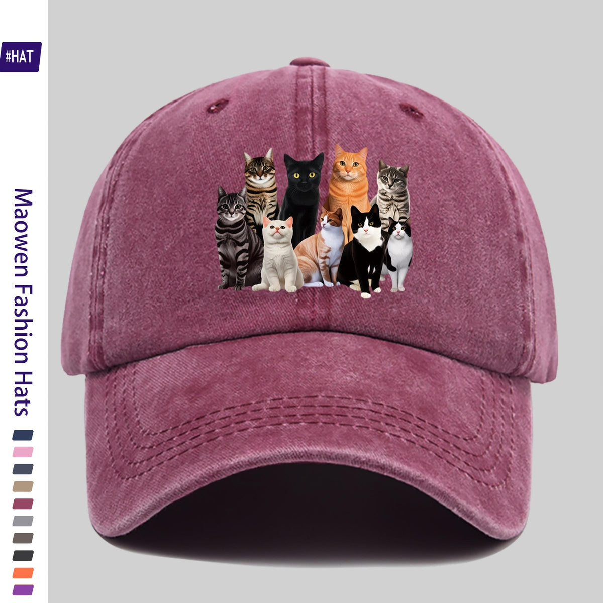 1 Vintage-style Adjustable Sports Cap, Featuring Various Cat Pattern Prints, a Washed-out Look, Suitable for Outdoor Leisure, a Fashionable Printed Breathable Baseball Cap, a Must-have Fashion Item, Ideal for Outdoor Sports and Travel Camping