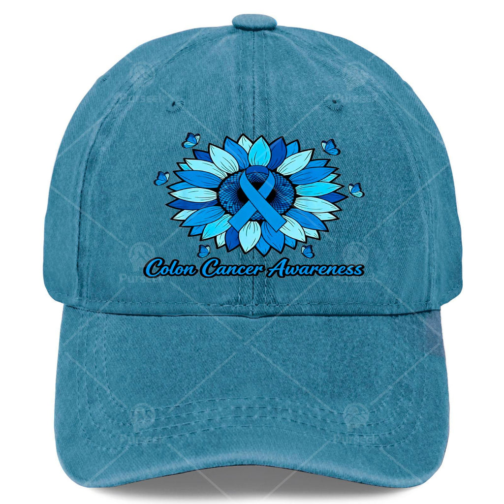 Cool Unisex Baseball Cap with a Blue Ribbon and Sunflower, Used for Colon Cancer Month Promotion