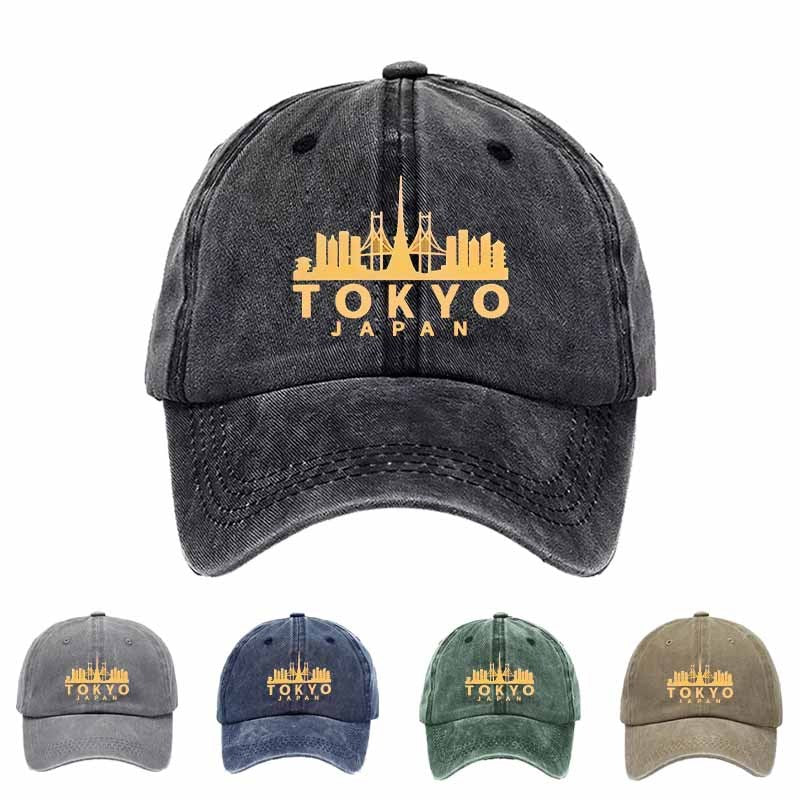 Unisex Washed Baseball Cap with Golden Tokyo Tower Icon - Machine Washable Suitable for Urban Adventures, Tokyo-Themed, Adjustable Pull-String Closure, Iconic Landmark for Men & Women, Casual Travel Accessory