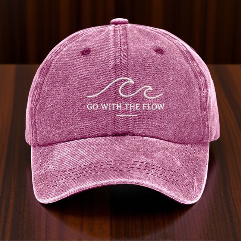 Vintage Washed Distressed Baseball Cap, with "GO WITH THE FLOW" Print, Unisex Dad Hat, Retro Casual Street Style Sun Hat, Suitable for Men, Women, And Teenagers, an Ideal Daily/Outdoor Gift