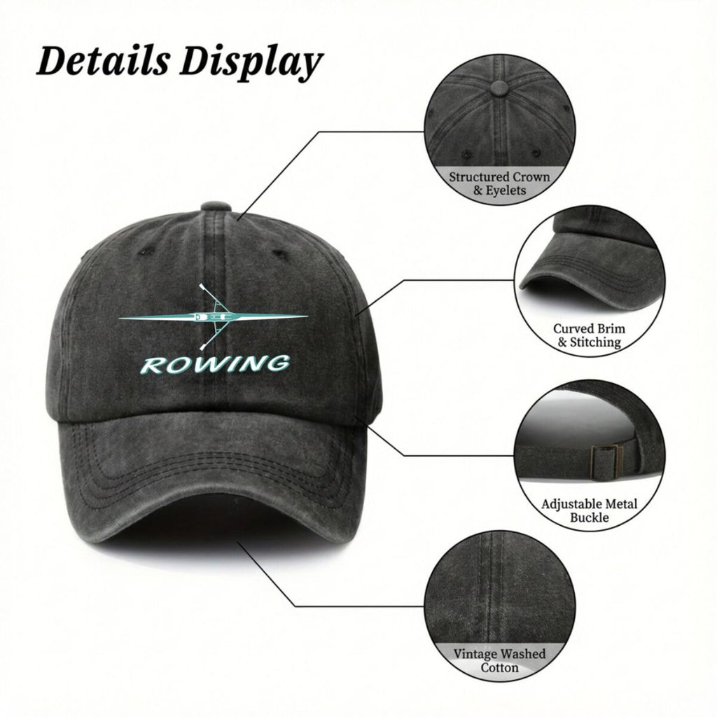 Men' & Women' Vintage Rowing-Themed Baseball Cap with Boat & Oar Typography - Adjustable Pull-String Closure, UPF Sun, Machine Washable Retro Unisex Cap Suitable for Outdoor Sports, Rowing Enthusiasts, Casual Streetwear