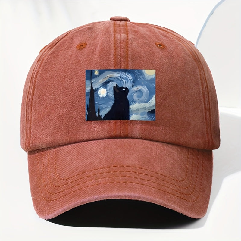 Unisex Cat Animal Print Washed Vintage Baseball Cap, Fashionable Sun Outdoor Hat for Men and Women, Adjustable Fit Trucker Hat Suitable for All Seasons and Daily Wear