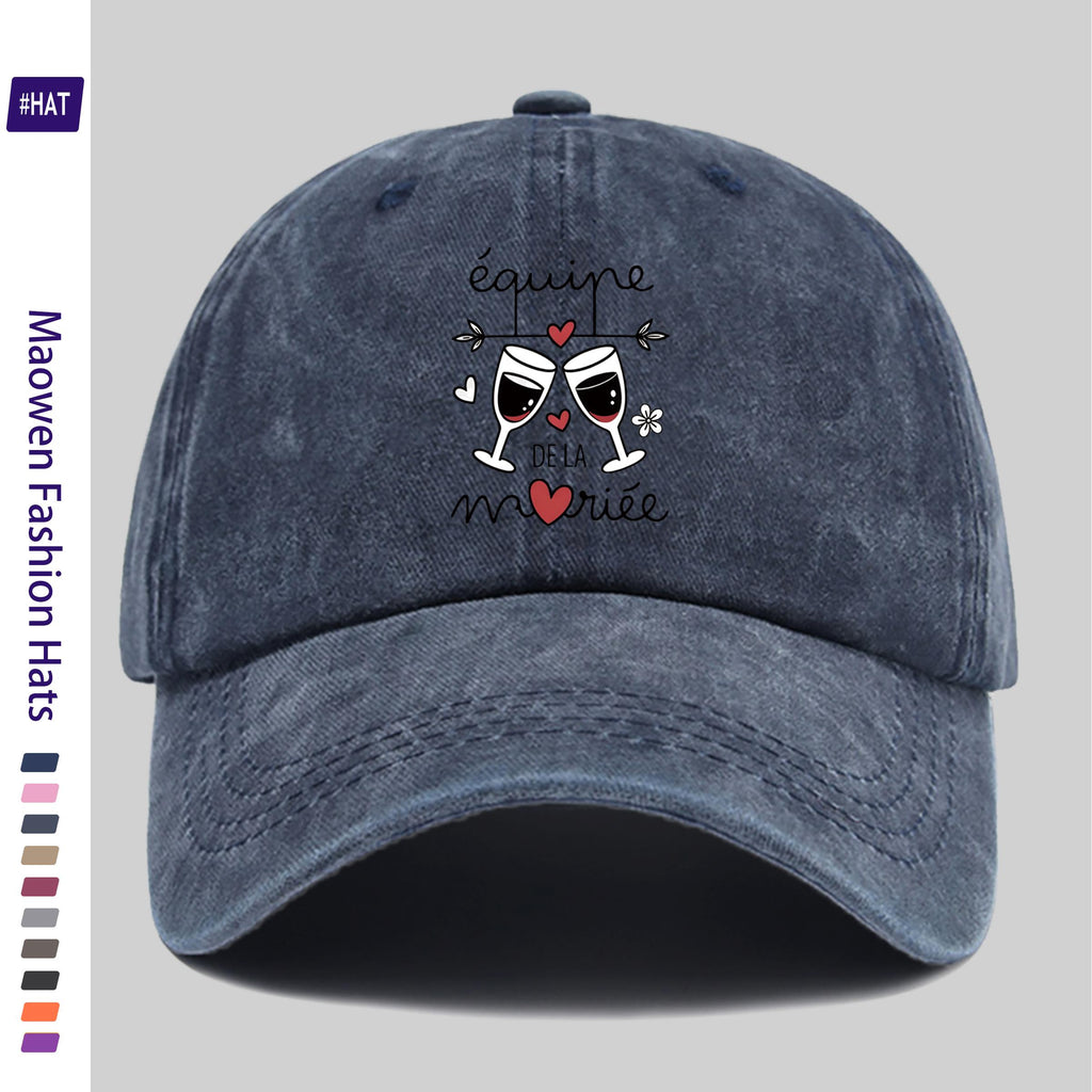 1pc Vintage Distressed Adjustable Sports Cap, Featuring a Stylish Wine Glass And Heart Decorative Pattern, with a Distressed Washed Cap Body And Fashionable Printed Design. It Is an Outdoor Casual Cap, a Fashionable Printed Breathable Baseball Cap
