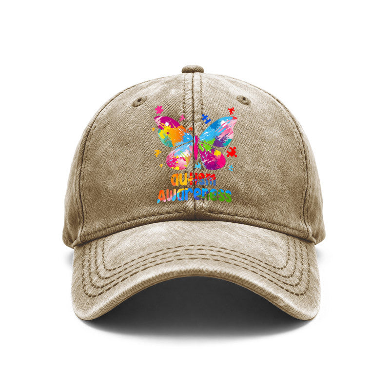 1pc of Vintage Washed Unisex Baseball Caps Featuring a Colorful Artistic Design of an Autism Awareness Butterfly. These Adjustable Caps Are Perfect for Outdoor Activities And Casual Wear, Making Them Great Gifts for Both Men And Women