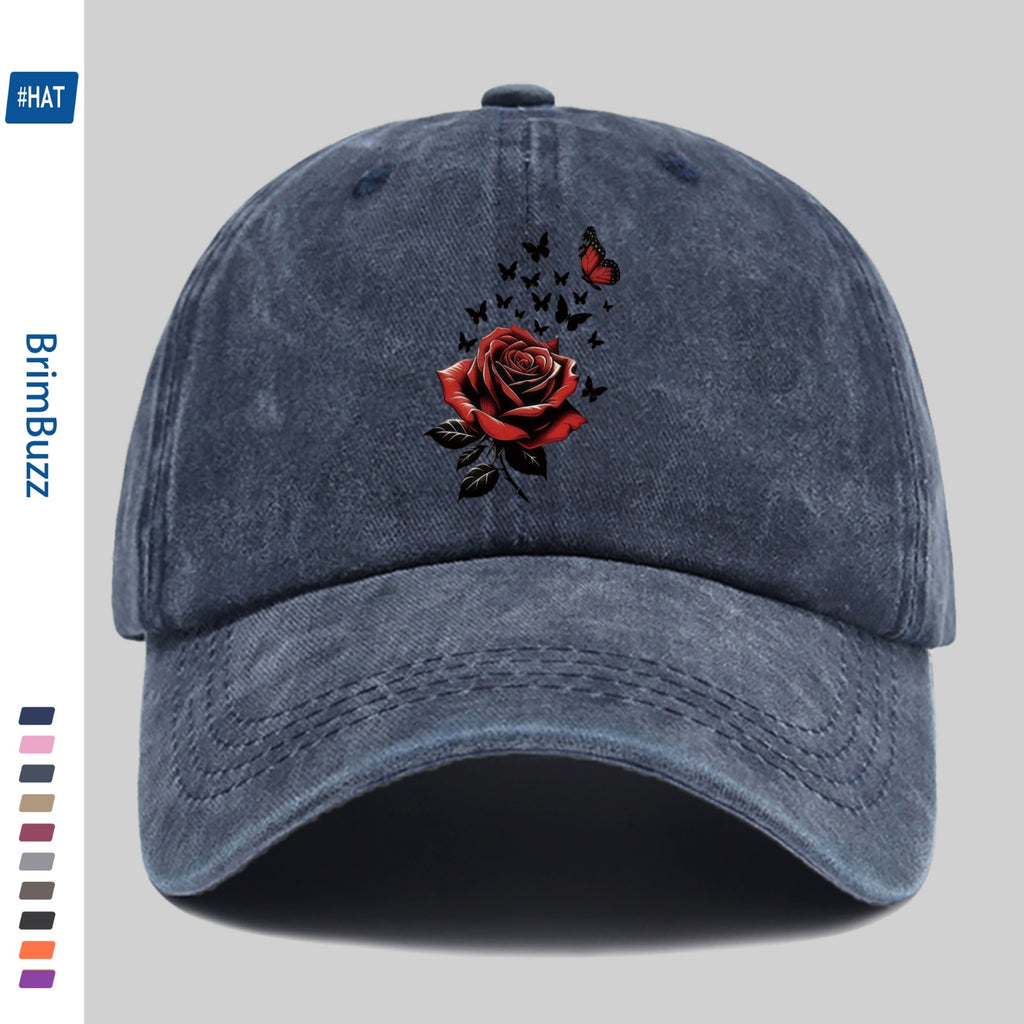 1pc Adjustable Trucker Sun Hat, Unisex, Vintage Washed Baseball Cap with Rose And Butterfly Print, Lightweight Outdoor Hat Suitable for Beach, Travel, Cycling, Party Gifts, Non-Elastic Strap Hat Suitable for Daily Casual Wear (Hand Washable)
