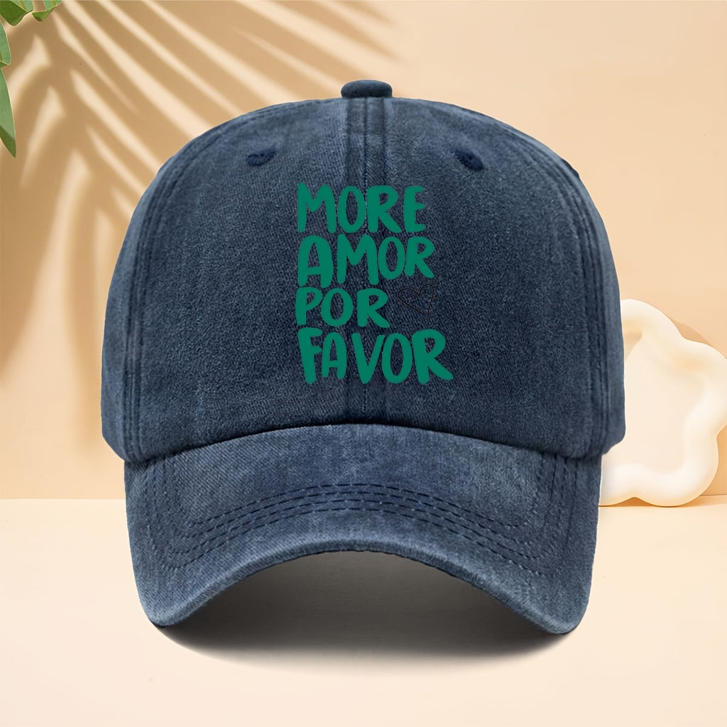 A Washed Baseball Cap with The Slogan MORE AMOR POR FAVOR, a Trucker Hat for Men And Women, a Casual Hat Suitable for All Seasons, a Six-Panel Hat with a Soft Top Design, Lightweight And Suitable for Daily Commutes, Street Style, Music Festivals