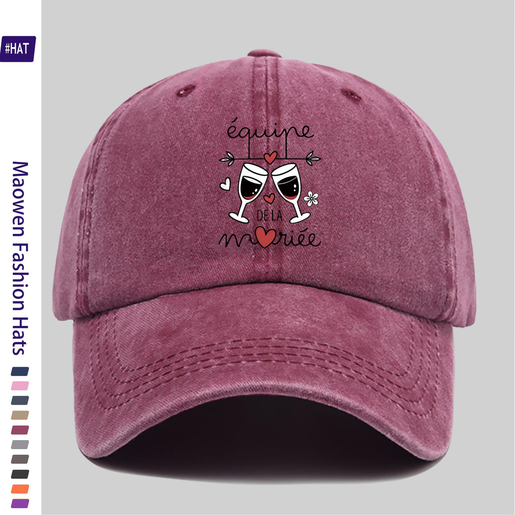 1pc Vintage Distressed Adjustable Sports Cap, Featuring a Stylish Wine Glass And Heart Decorative Pattern, with a Distressed Washed Cap Body And Fashionable Printed Design. It Is an Outdoor Casual Cap, a Fashionable Printed Breathable Baseball Cap