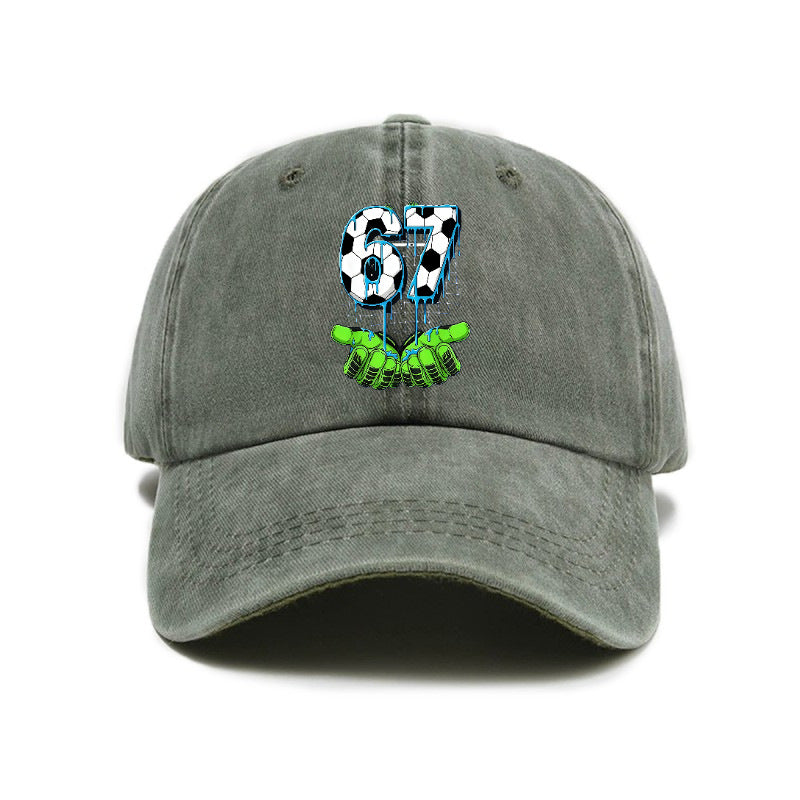 Fashionable Versatile Style 67 Number Print Washed Distressed Soft Top Sunshade Soft Top Baseball Cap Unisex Hat