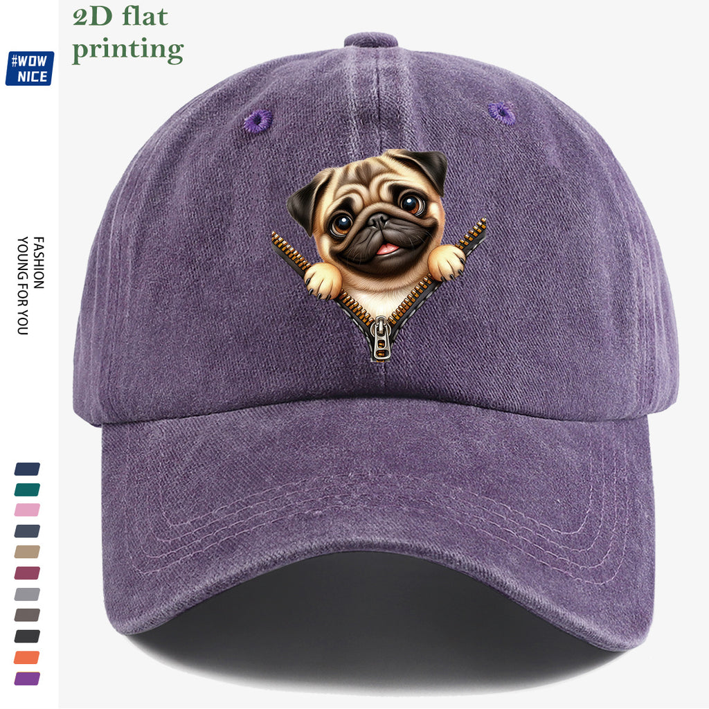 1pc Pug Zipper Print Baseball Cap, Cute Animal Pattern Headwear, Fashionable and Versatile Hat Accessory, Unisex Street Style Hat with Adjustable Size, Slimming and Face-Shaping, Suitable for Daily Outings, Parties, Dates, Shopping, Outings