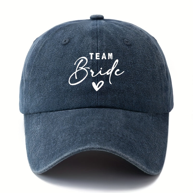 A Stylish Unisex Printed Baseball Cap Featuring a Curved Brim And The Words 'TEAM Bride'. This Trendy And Lightweight Sun Hat Is Perfect for Outdoor Activities Like Traveling And Camping, Suitable for Both Men And Women