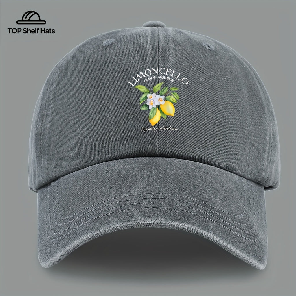 70G Lightweight And Breathable 1pc "Limon Cello" English Print Baseball Cap with Refreshing Lemon Pattern Print, Breathable And Comfortable, Stylish And Beautiful, Black Papa Dad Hat, Adjustable Size, Unisex, Retro Trucker Hat