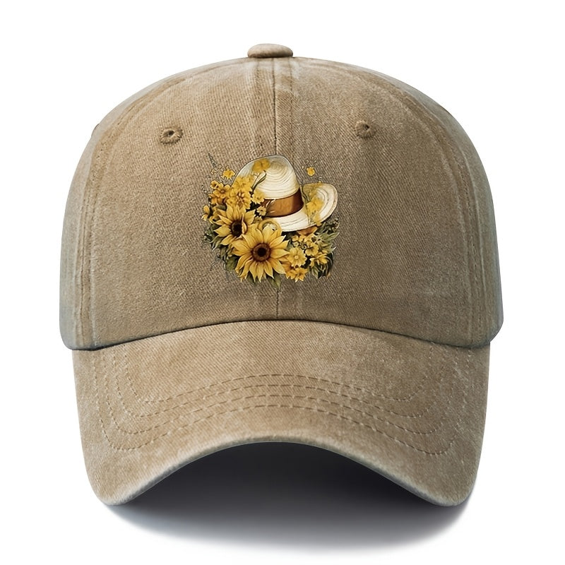 Printed Sunflower Baseball Cap, Unisex And Adjustable Size, with Curved Brim, Lightweight And Sun-Protective for Outdoor Use, Suitable for Outdoor Vacations, Camping, Casual Wear, And Hip-Hop Style, Trucker Baseball Cap