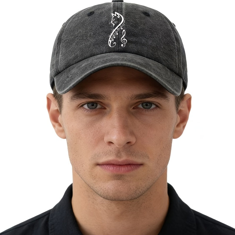 A Unisex Fashionable and Versatile Printed Cat and Musical Note Baseball Cap, Featuring a Classic Vintage Washed Lightweight Outdoor Curved Brim. This Trucker Baseball Cap Is Suitable for Casual Occasions Such as Outdoor Vacations