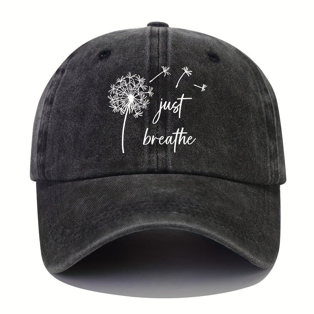 [Everyday Comfort] Vintage Washed Cotton Baseball Cap with "Just Breathe" Dandelion Print - Adjustable Sun Hat for Golf, Casual Wear, and Outdoor Activities, Golf Hat