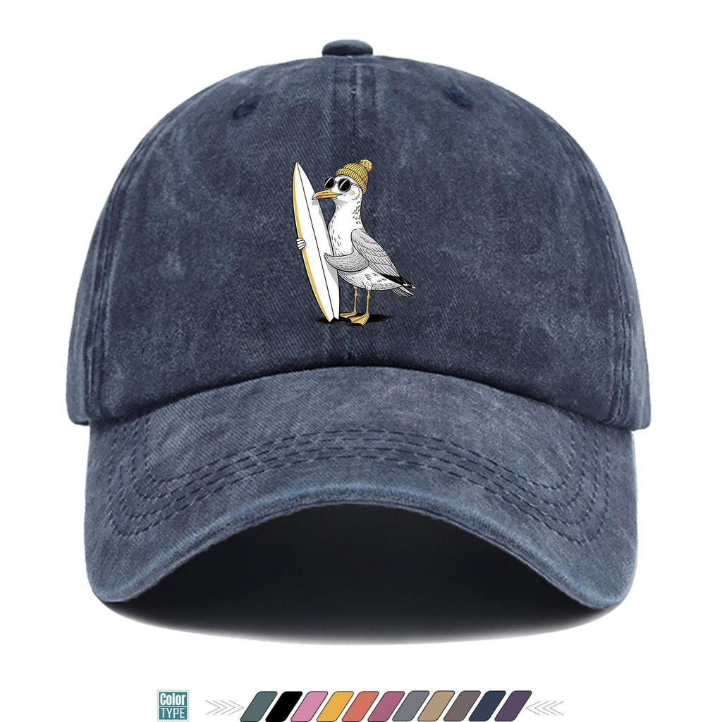 1pc Cute Cartoon Pigeon And Surfboard Pattern Design Printed Baseball Cap, Summer Casual Clothing Accessory, Black Papa Trucker Hat, Breathable Comfortable Solid Easy Vintage Soft Top Dad Hat, Unisex Adjustable Size Youth Couple Skateboard Hat