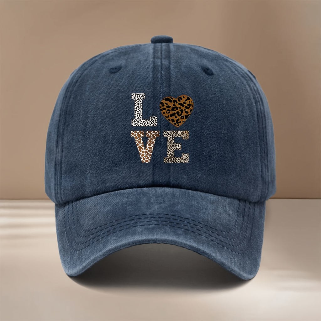 This Is a Leopard Print LOVE Pattern Baseball Cap, Fashionable And Comfortable Adjustable Size Duckbill Hat, Unisex Individual Easy Curved Brim Cap for Outdoor Sports, Dining, Camping, And Casual Wear