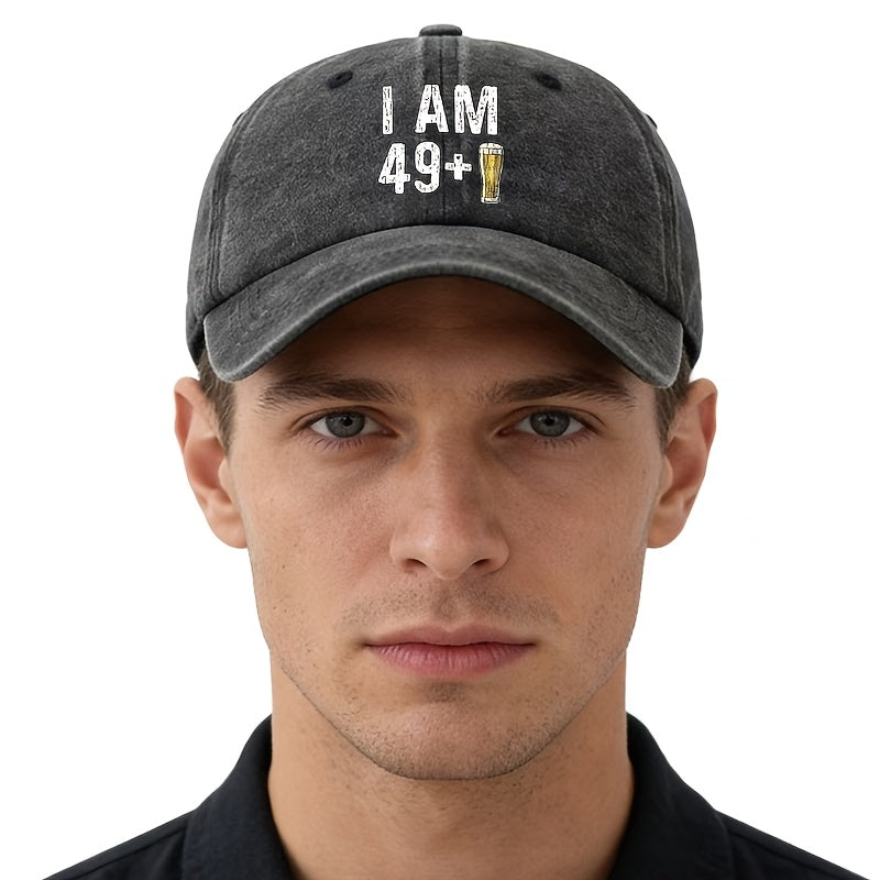 Unisex Fashion Versatile Printed I AM 49+ Beer Baseball Cap, Classic Retro Washed Outdoor Lightweight Curved Cap, Trucker Hat, Suitable for Outdoor Vacation Travel Camping And Other Casual Occasions, Holiday Party Hip-Hop Hat