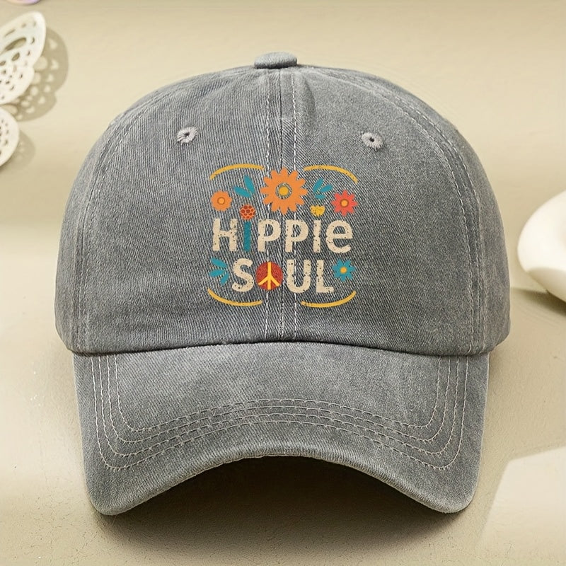 Retro Hippie Soul Baseball Cap - 60S/70S Style with Floral And Peace Symbols (Sunflowers, Peace Sign) - Deep Navy Blue Adjustable Snapback Hat with Colorful Accents - Lightweight Washed Effect, Suitable for Both Men And Women - Machine Washable