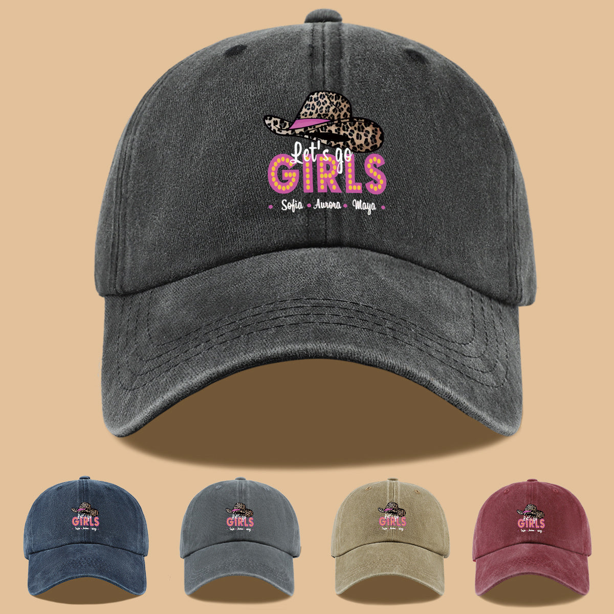 1pc Leopard Print Wide Brim Baseball Cap, Pink Brim with "Let'S Go GIRLS" Neon Style Letters, Adorned with Sofia, Aurora, Maya Names. Fashionable And Individual Sun Hat, Adjustable Size. Bestie Outing Hat, Sister Gathering Hat
