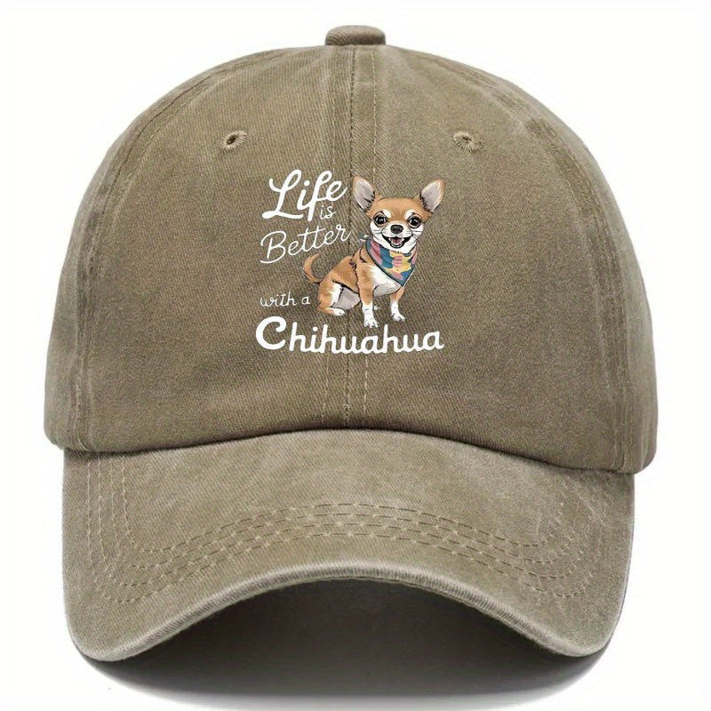 Adjustable "with Chihuahua Life Is Better"  Cap- Breathable Lightweight Viscose Fabric, Hand Wash Only, Suitable for Outdoor Sports and Casual Wear