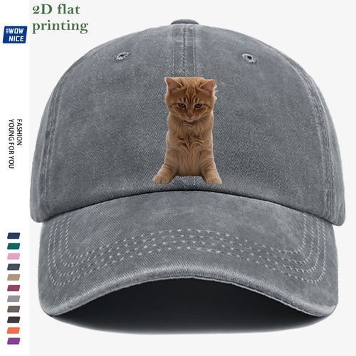 1pc Orange Tabby Cat Squatting Front Print Baseball Cap, with Round Eyes Slightly Squinted, Giving Off a "I'm Noble" Meme Vibe. A Must-have for Daily Outings, Café Visits, and Citywalks to Create a Stylish Look. The Cap Shape Helps Flatter and Slim