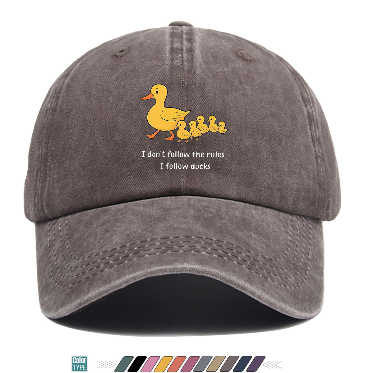 1pc Cartoon Mother Duck with Five Ducklings Print Baseball Cap, Retro Glitch Art Style Striped Background, Funny Slogan "I Don'T Follow The Rules, I Follow The Ducks", Comfortable And Breathable Sun Hat