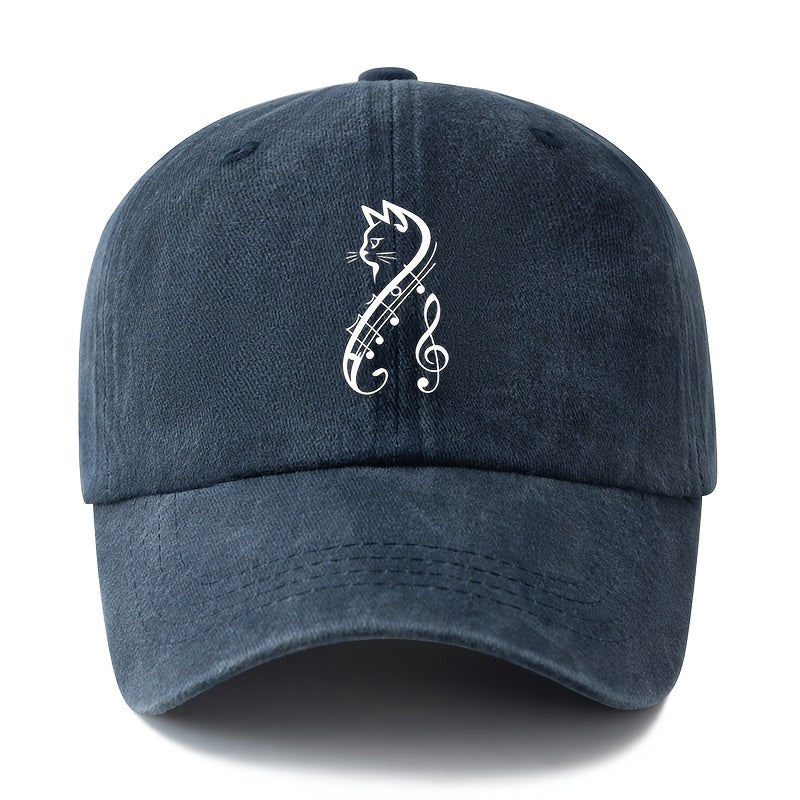 A Unisex Fashionable and Versatile Printed Cat and Musical Note Baseball Cap, Featuring a Classic Vintage Washed Lightweight Outdoor Curved Brim. This Trucker Baseball Cap Is Suitable for Casual Occasions Such as Outdoor Vacations